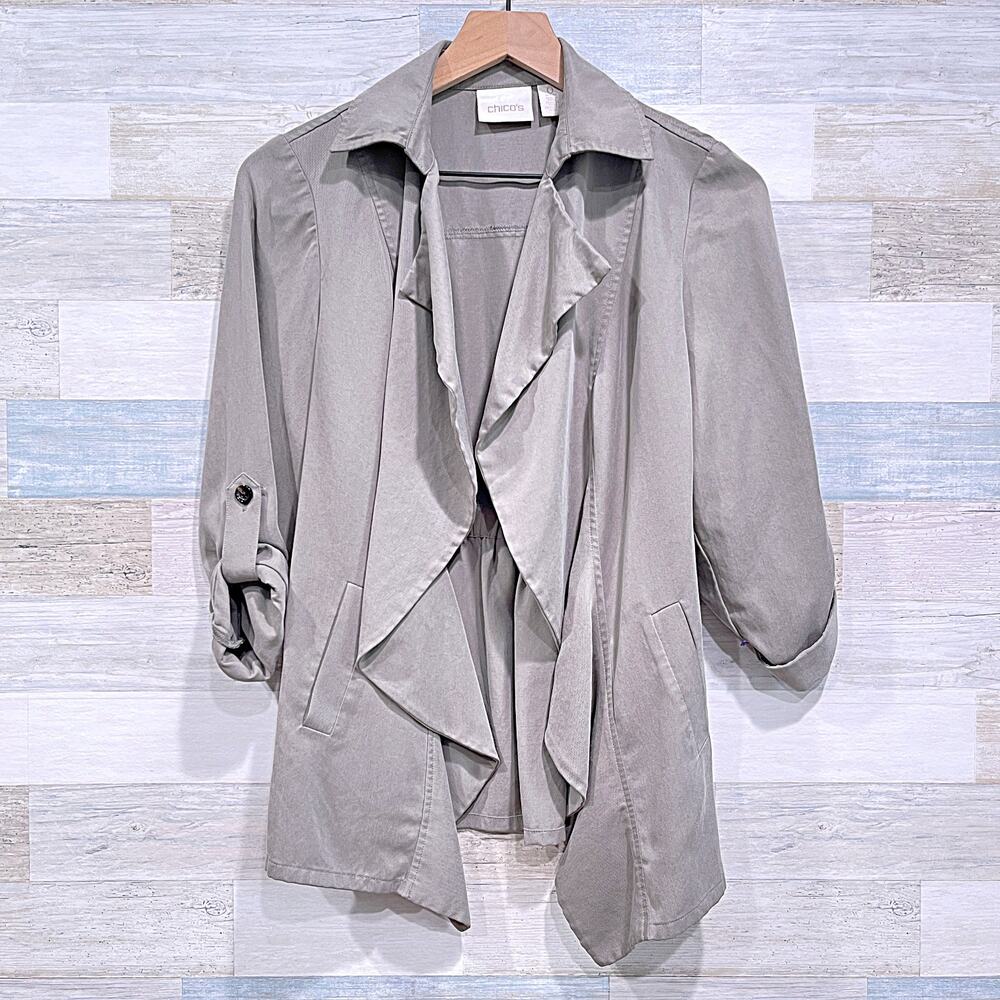 Chicos Soft Ruffle Jacket Olive Green Lyocell Unlined Lightweight Womens PS